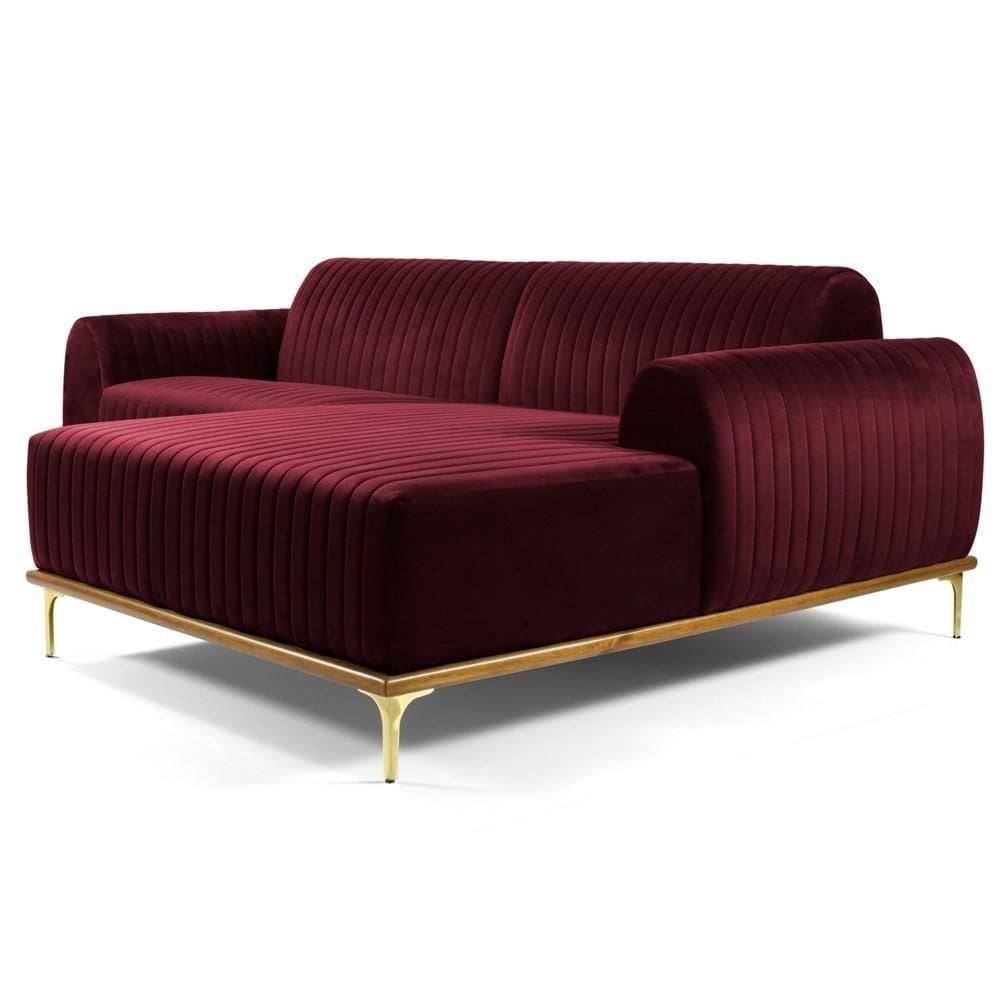 Sofá 300cm 5 Lugares Com Chaise Direito Pés Gold Molino C-278 Veludo Marsala - Domi