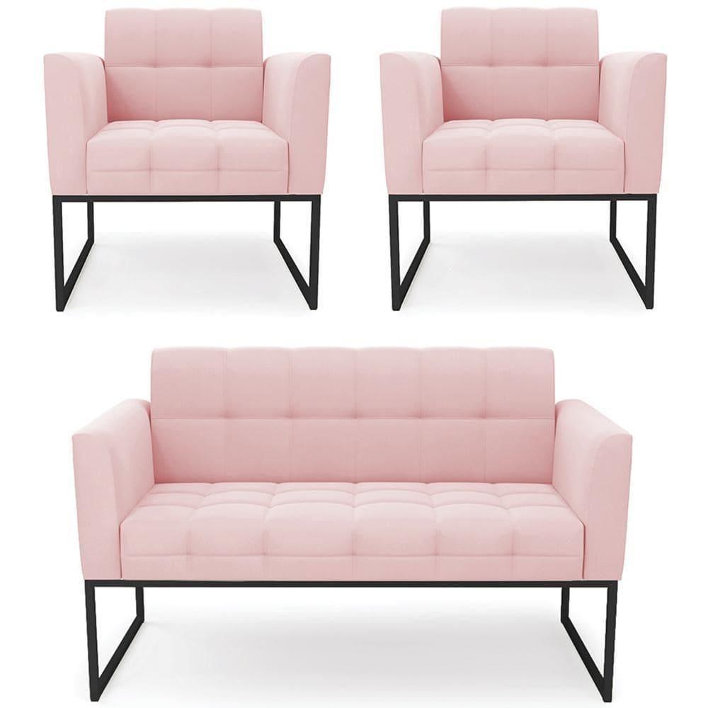 Sofá Namoradeira E 2 Poltronas Base Industrial Preto Ana Suede Rosa Bebê - Ibiza