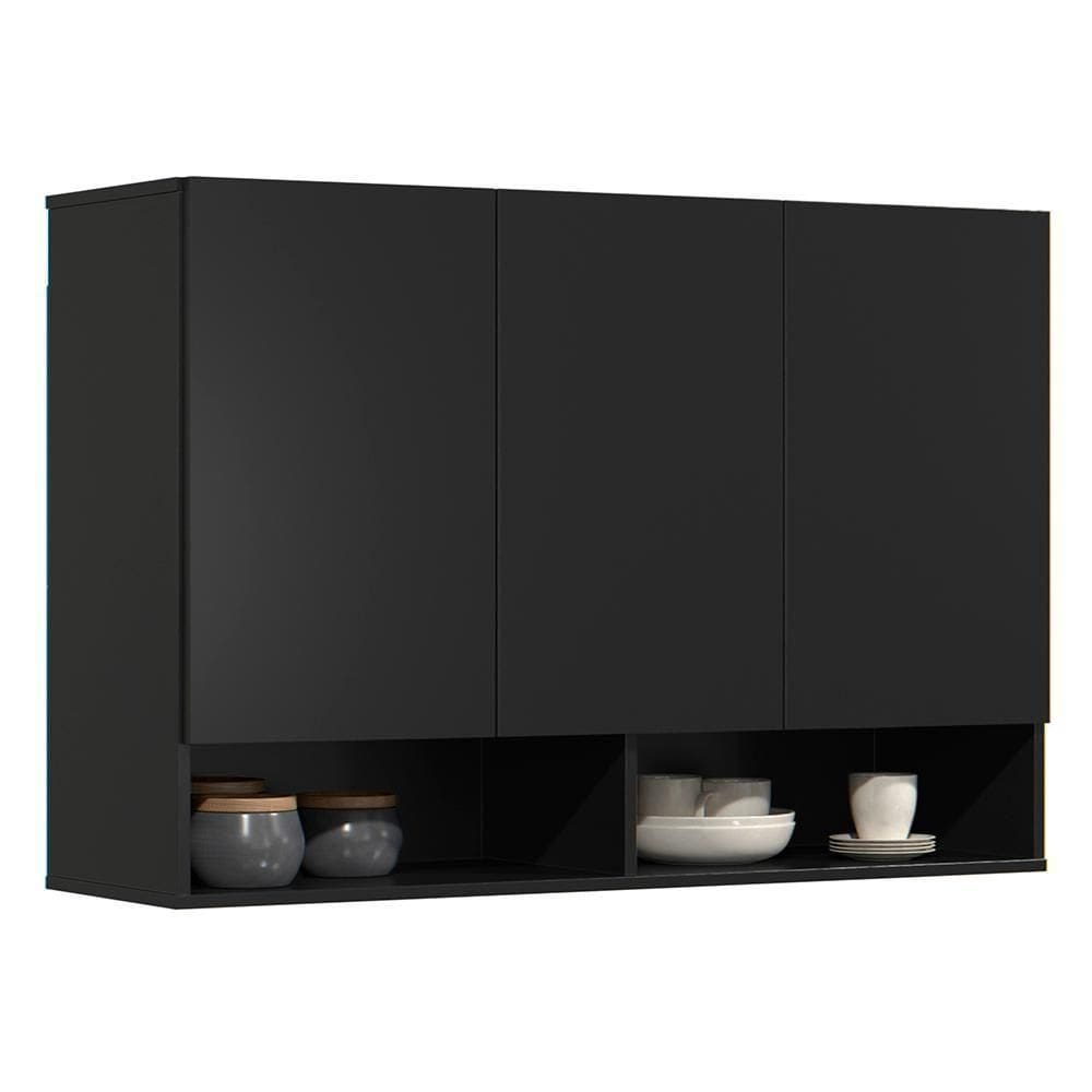 Armário De Cozinha Aéreo 3 Portas 2 Nichos 91cm Milão Preto - Ej Móveis