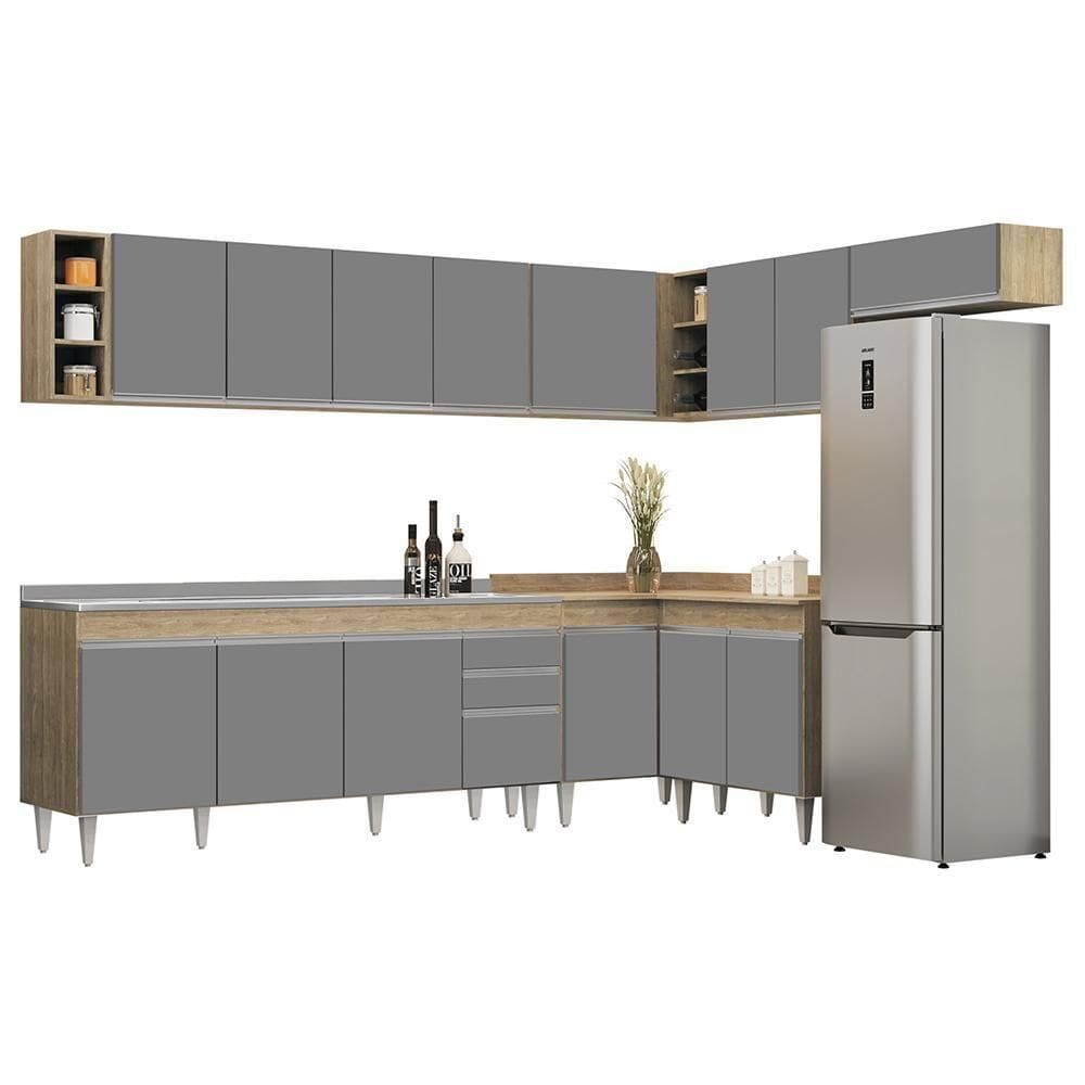 Armário De Cozinha Modulado De Canto 8 Peças Cp27 Com Pia Inox Castanho/cinza - Lumil