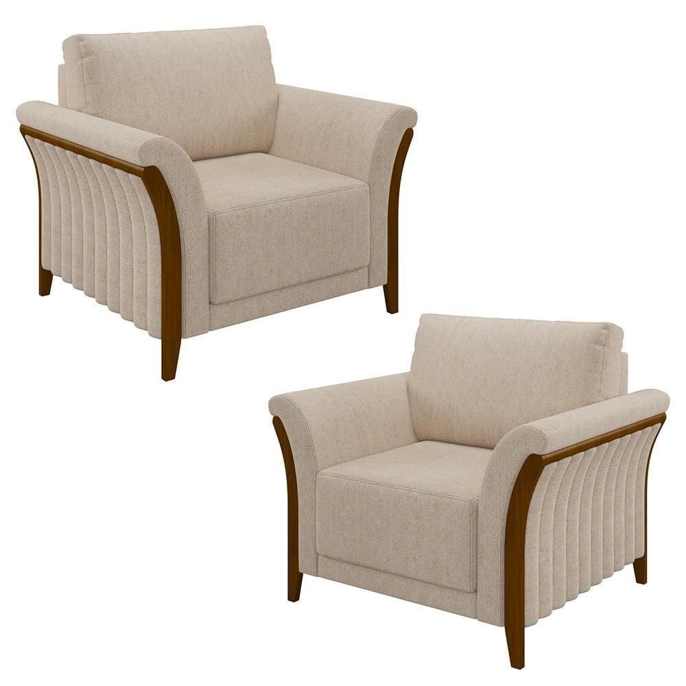 Kit 2 Poltronas Decorativas Sala De Estar 102cm Pés Madeira Roya M22 Linho Cru - Mpozenato