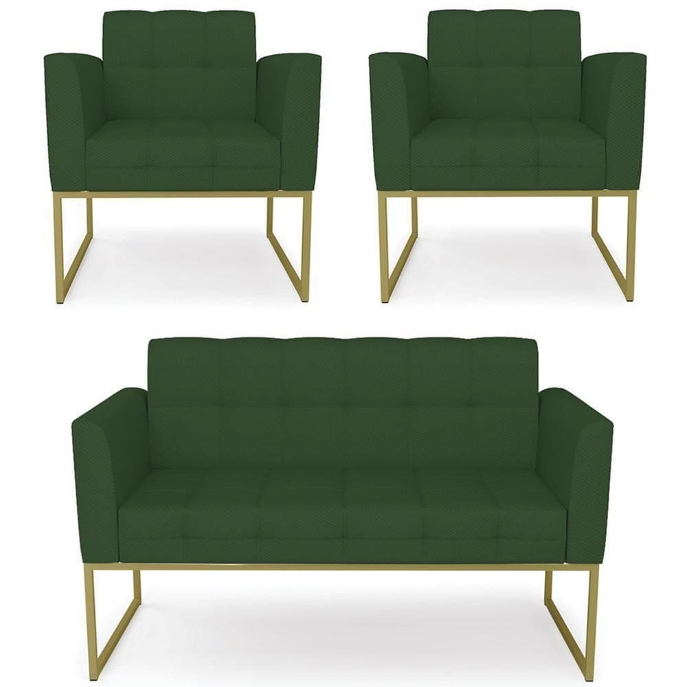 Sofá Namoradeira E 2 Poltronas Base Industrial Dourado Ana Veludo Luxo Verde - Ibiza