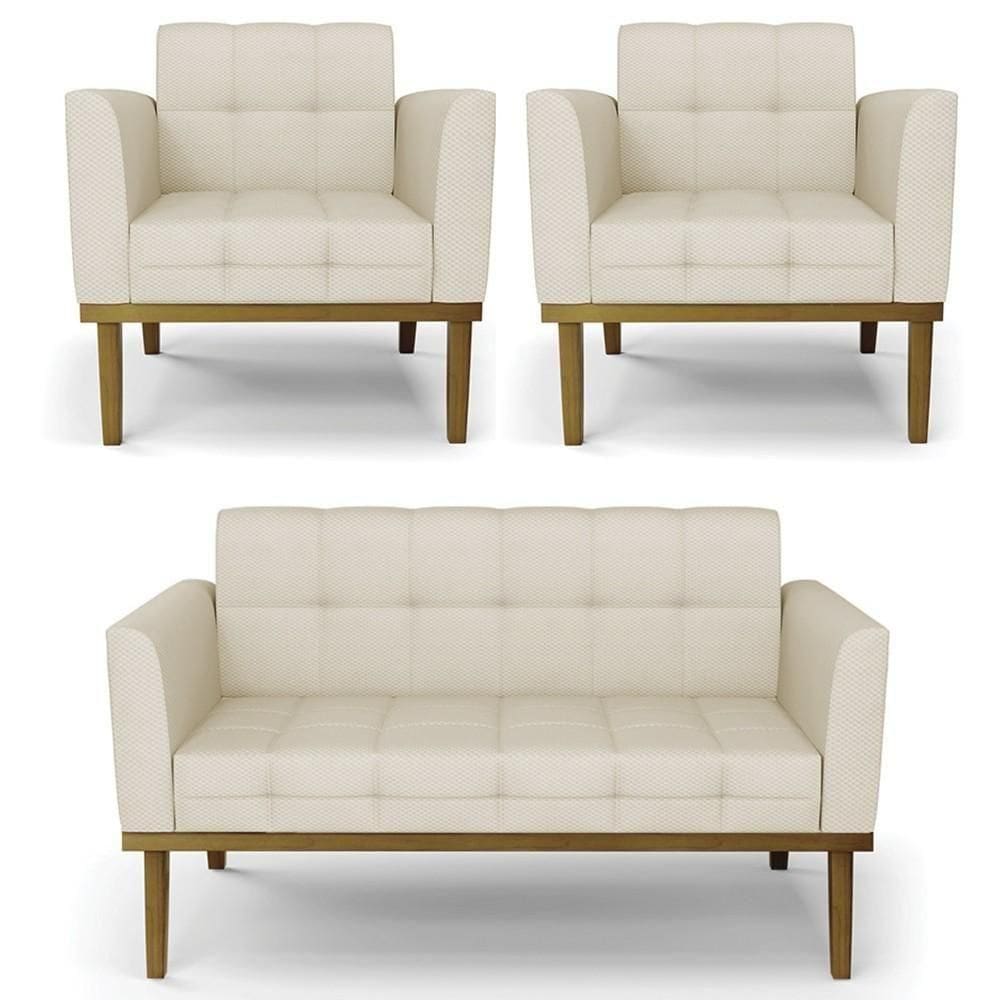 Sofá Namoradeira E 2 Poltronas Base Madeira Castanho Ana Veludo Luxo Off White - Ibiza