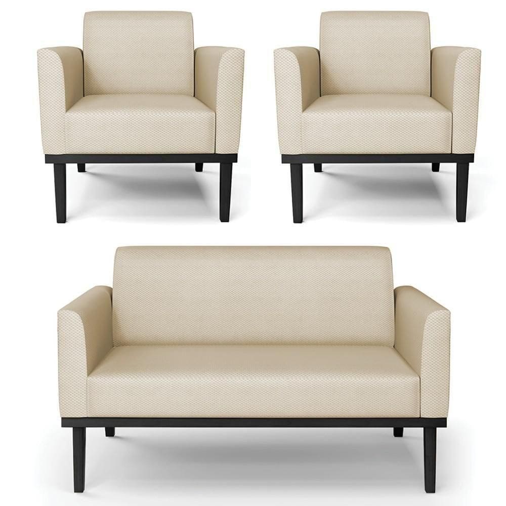 Sofá Namoradeira E 2 Poltronas Base Madeira Preto Maressa Veludo Luxo Off White - Ibiza