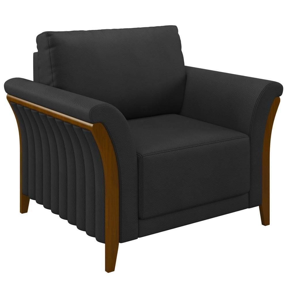Poltrona Decorativa Sala De Estar 102cm Pés Madeira Roya M22 Pu Preto - Mpozenato