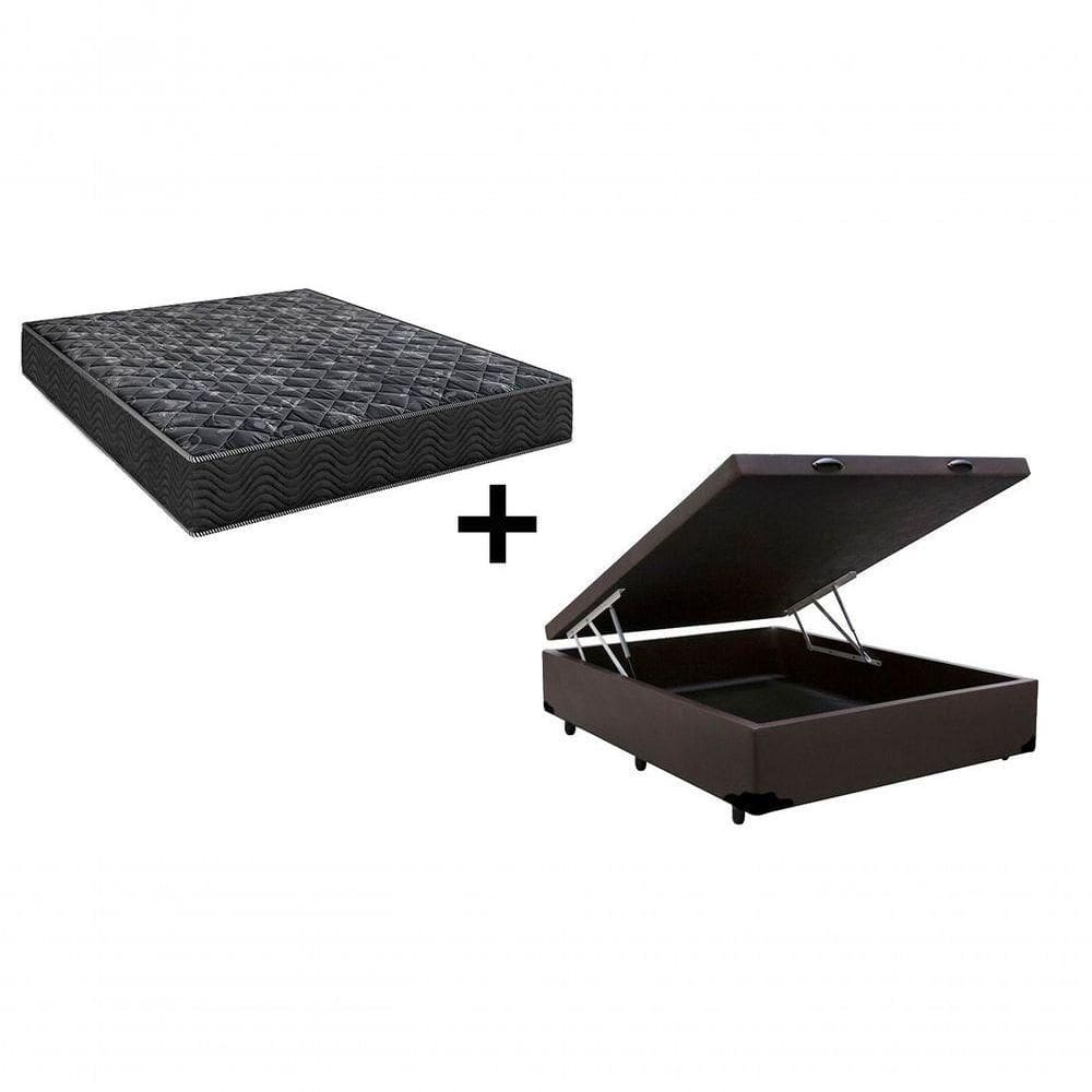 Cama Baú Casal 138 Tecido Sintético Marrom Com Colchão Lisboa Bello Espuma D28 Preto