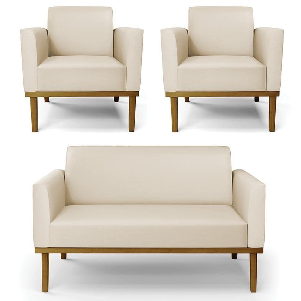 Sofá Namoradeira E 2 Poltronas Base Madeira Castanho Maressa Sintético Bege - Ibiza