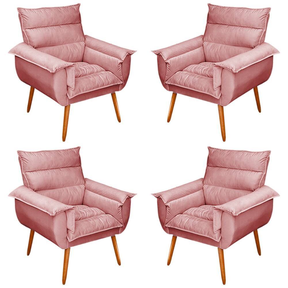 Kit 04 Poltronas Decorativas Modernas Sala e Recepção Monza Pés Palito Veludo Rosé - Abmaza