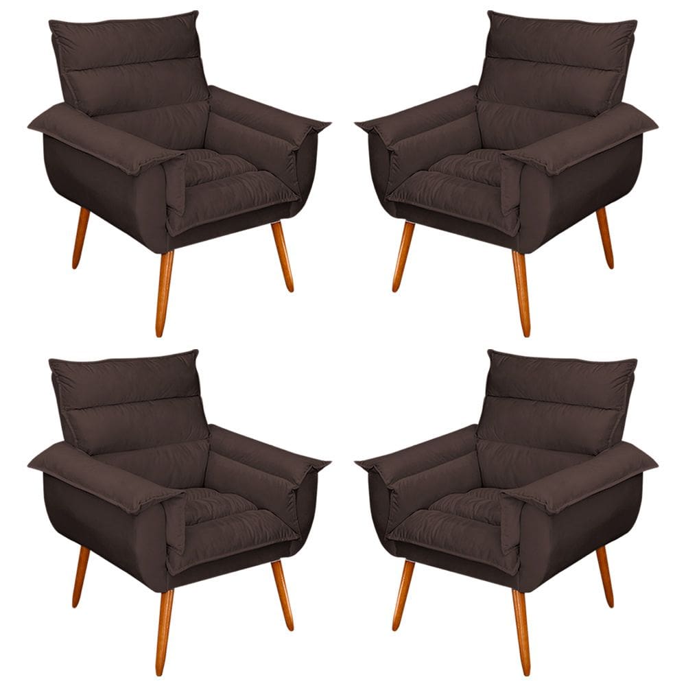 Kit 04 Poltronas Decorativas Modernas Sala e Recepção Monza Pés Palito Suede Marrom - Abmaza