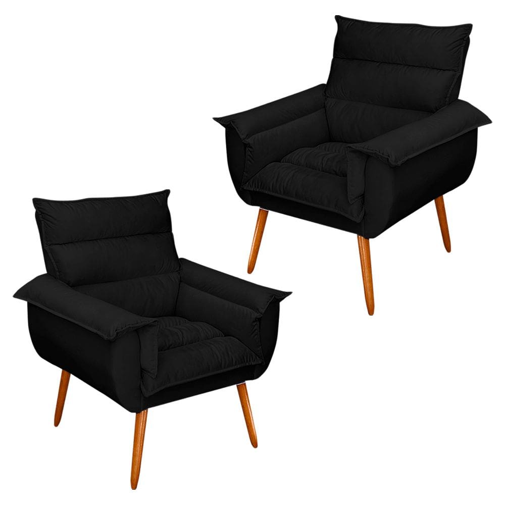 Kit 02 Poltronas Decorativas Modernas Sala e Recepção Monza Pés Palito Suede Preto - Abmaza