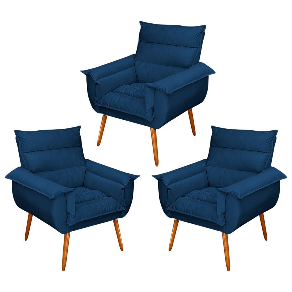 Kit 03 Poltronas Decorativas Modernas Sala e Recepção Monza Pés Palito Veludo Azul - Abmaza