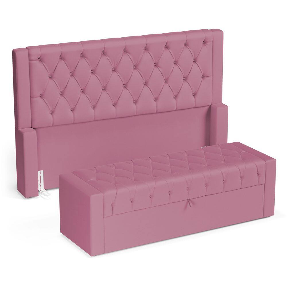 Cabeceira e Calçadeira Báu King Size Atena 195cm Capitonê Suede Rosa - Abmaza