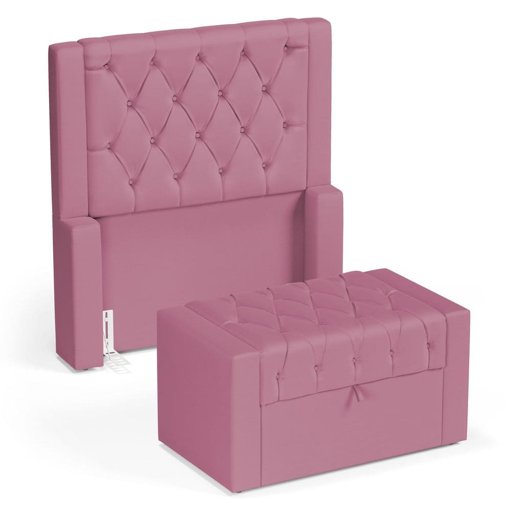 Cabeceira e Calçadeira Báu Solteiro Atena 90cm Capitonê Suede Rosa - Abmaza