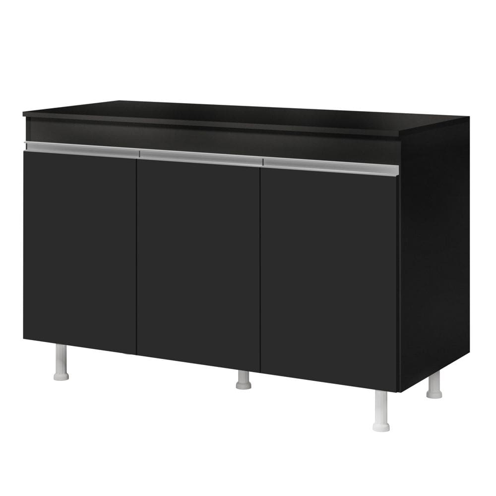 Balcão Buffet Gabinete de Cozinha Lux 120cm 100% MDF Com Tampo 03 Portas Preto - Abmaza