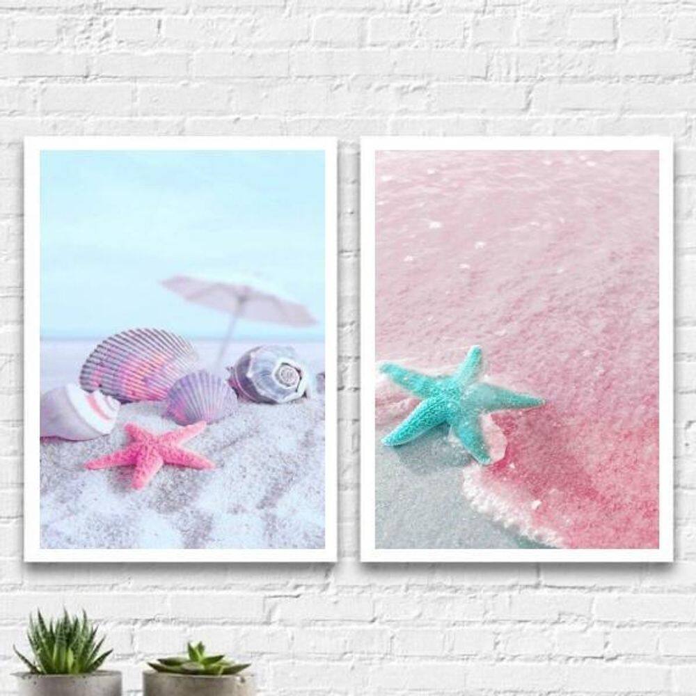 Quadros Estrela do Mar Rosa/Azul 33x24cm - Kit Vidro/Madeira
