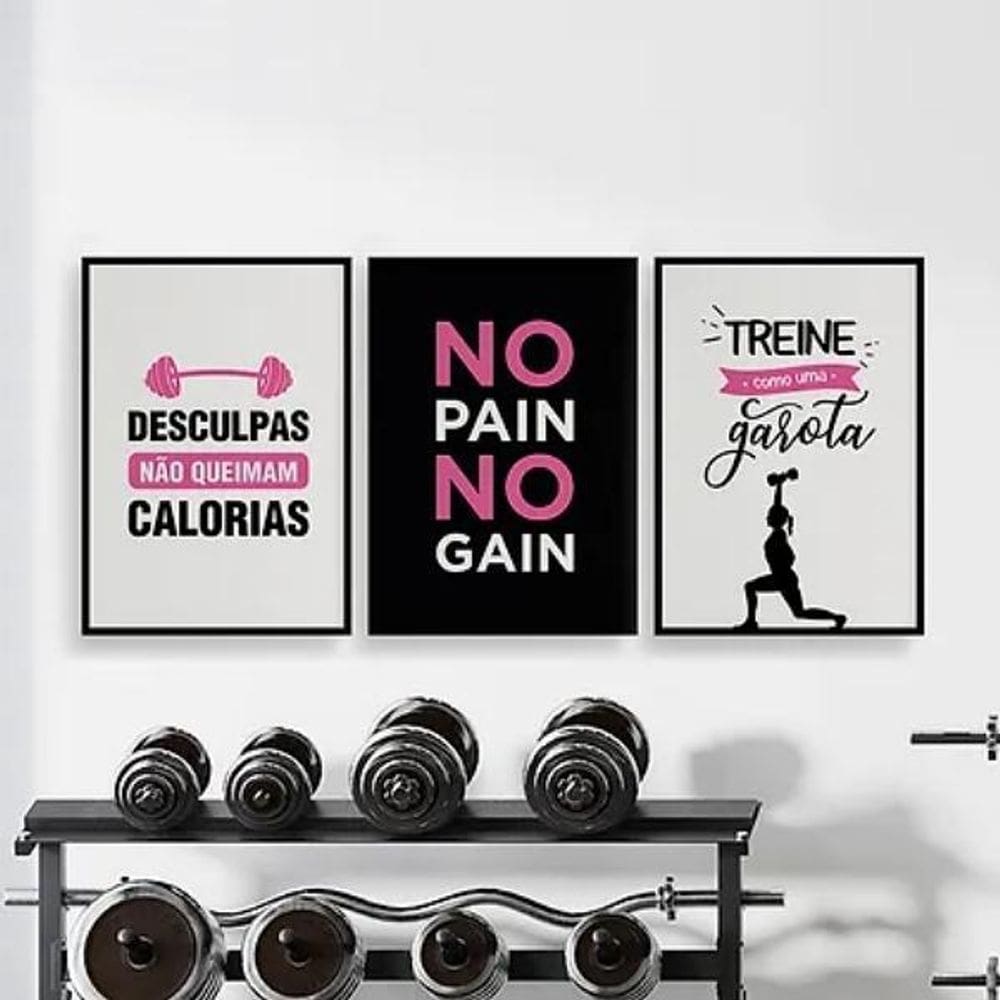 Kit 3 Quadros Academia Feminino 24X18Cm