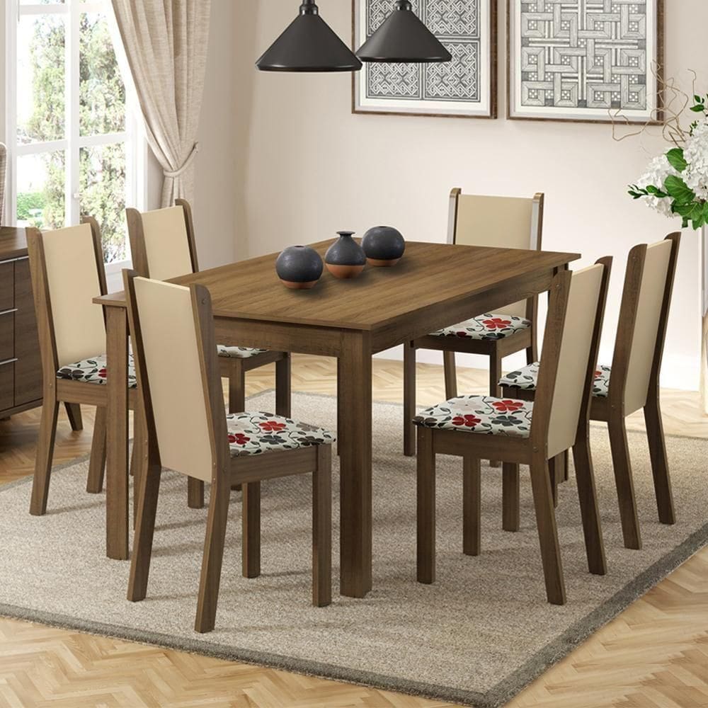 Conjunto Sala de Jantar Madesa Mesa Tampo Madeira 6 Cadeiras