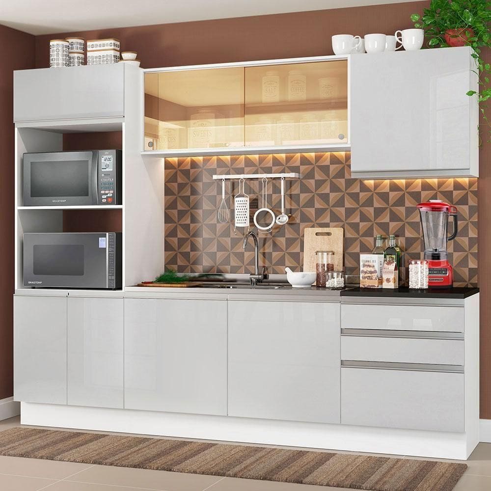 Cozinha Acordes GlamyArmárioTorreBalcão MDF Branco Madesa