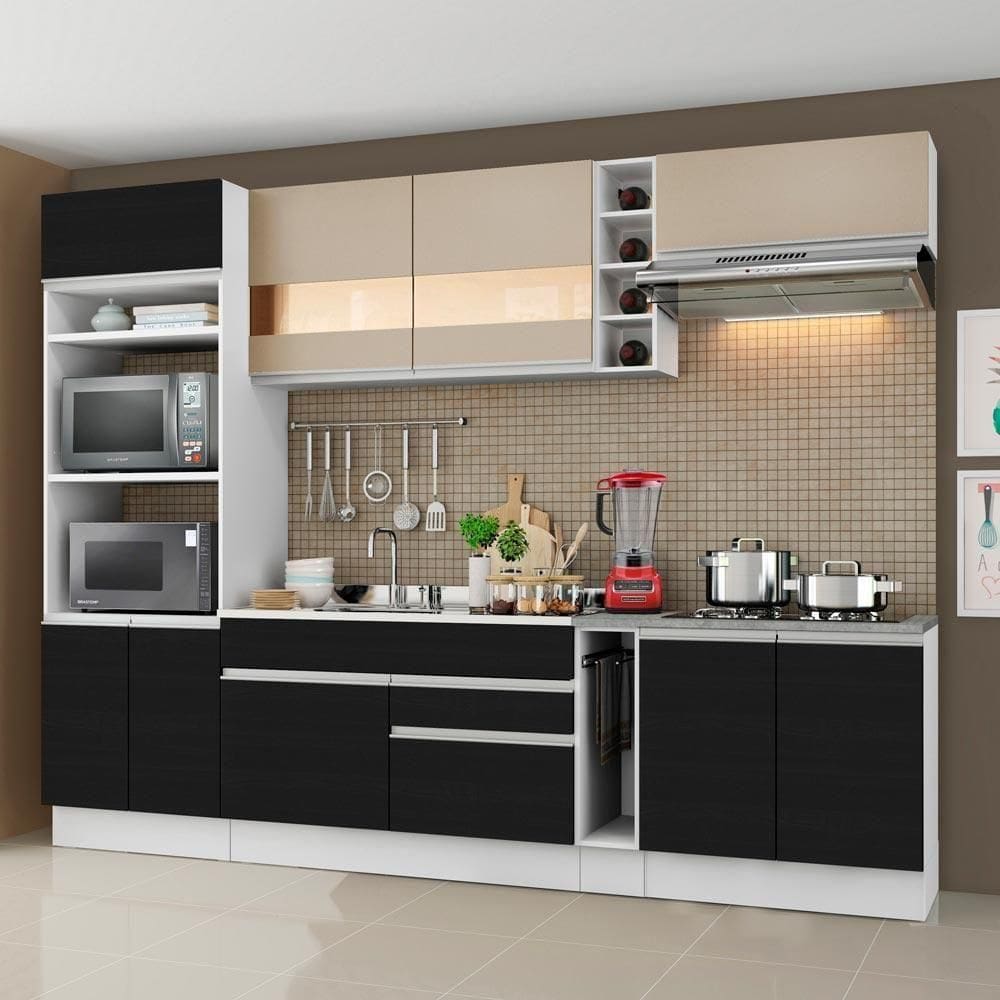Cozinha Completa Vicenza Preto/Crema Armário Balcão - Madesa