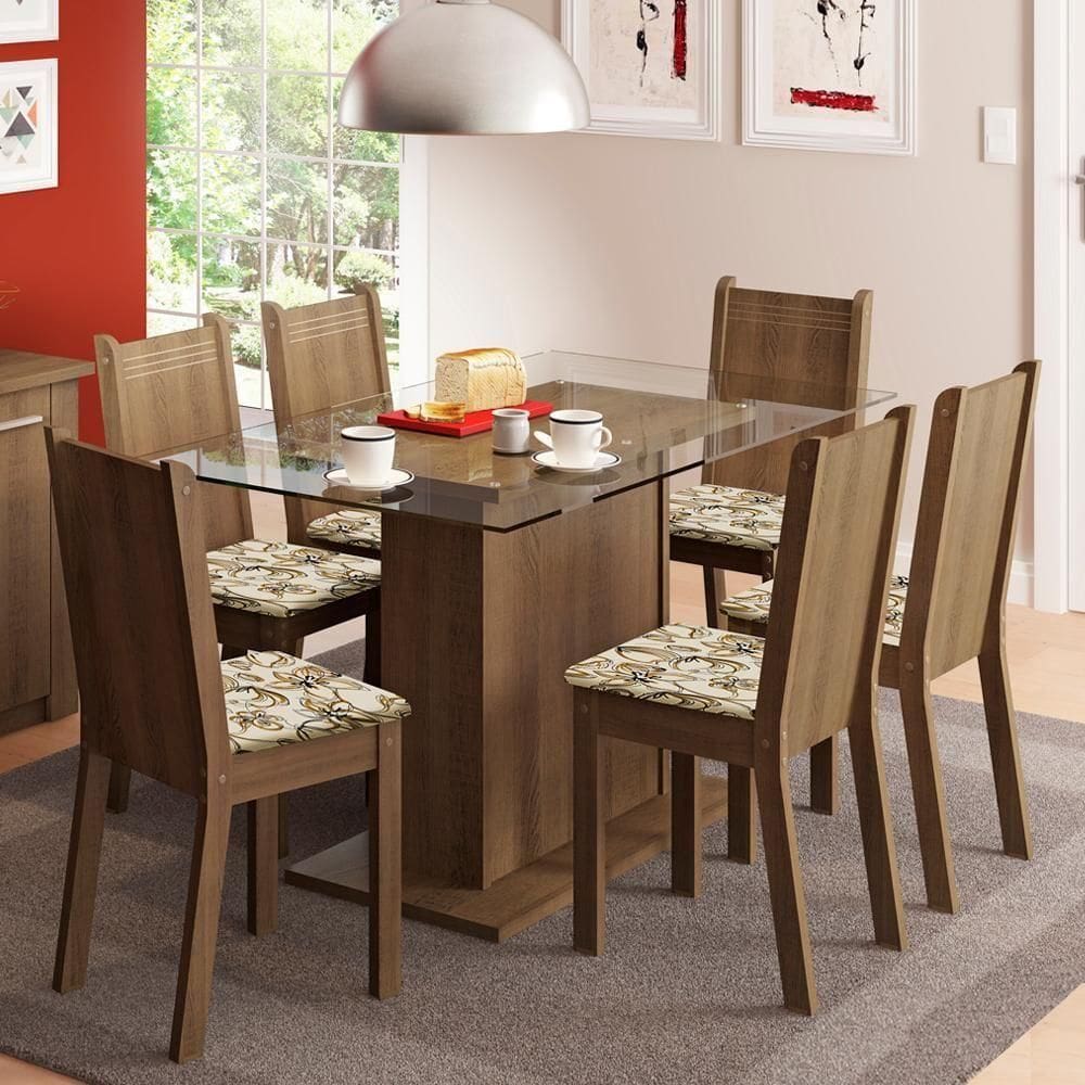 Conjunto Sala de Jantar Madesa Mesa Tampo Vidro 6 Cadeiras