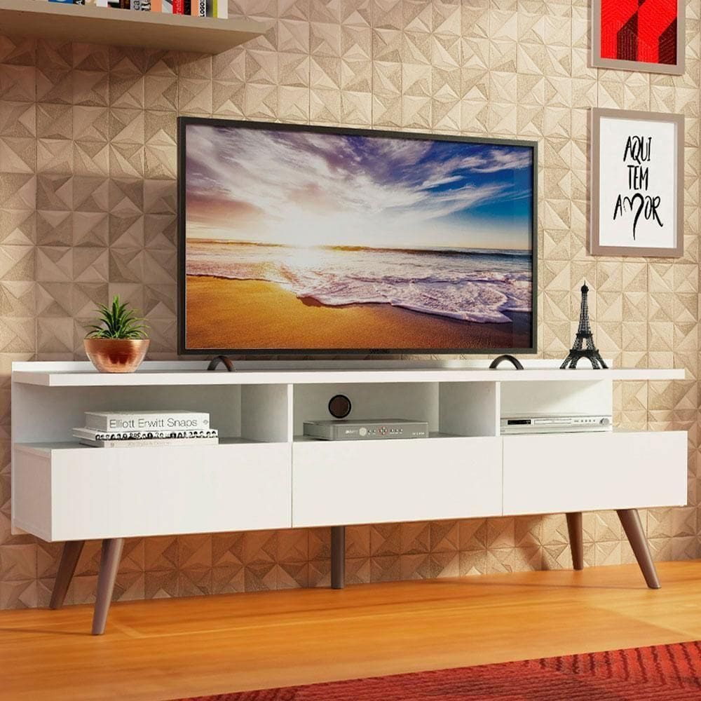 Rack para TV até 65" Madri com Pés de Madeira Branco Madesa