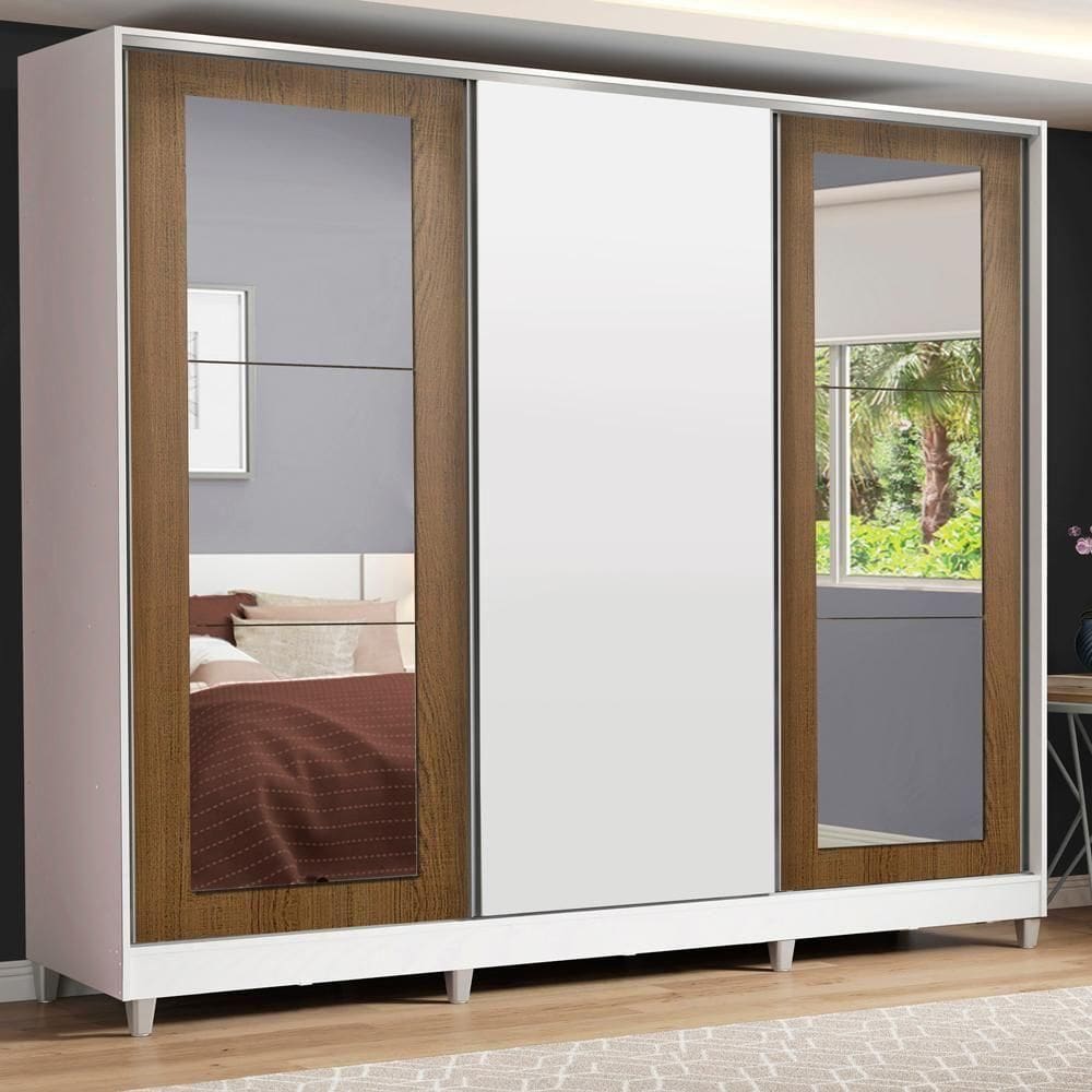 Guarda-roupa Casal 3 Portas de Correr com Espelhos com Pés