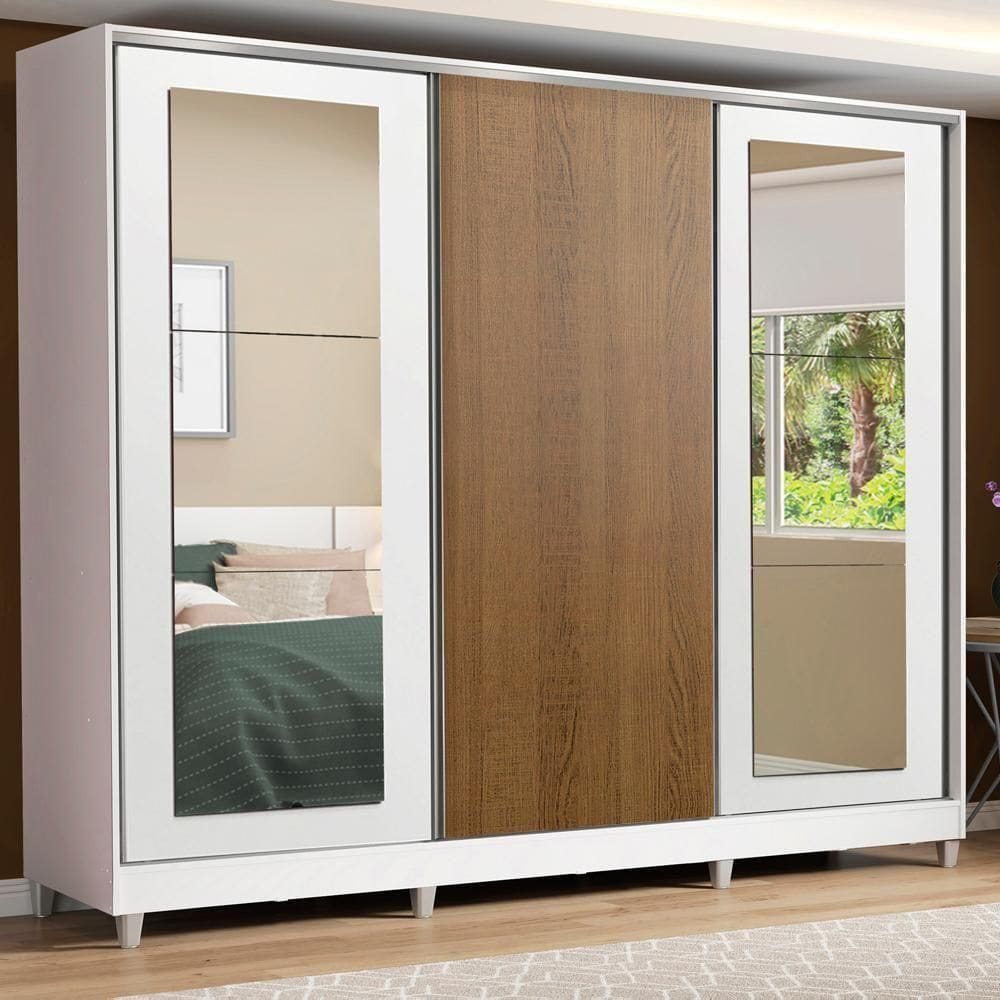 Guarda-roupa Casal 3 Portas de Correr com Espelhos com Pés