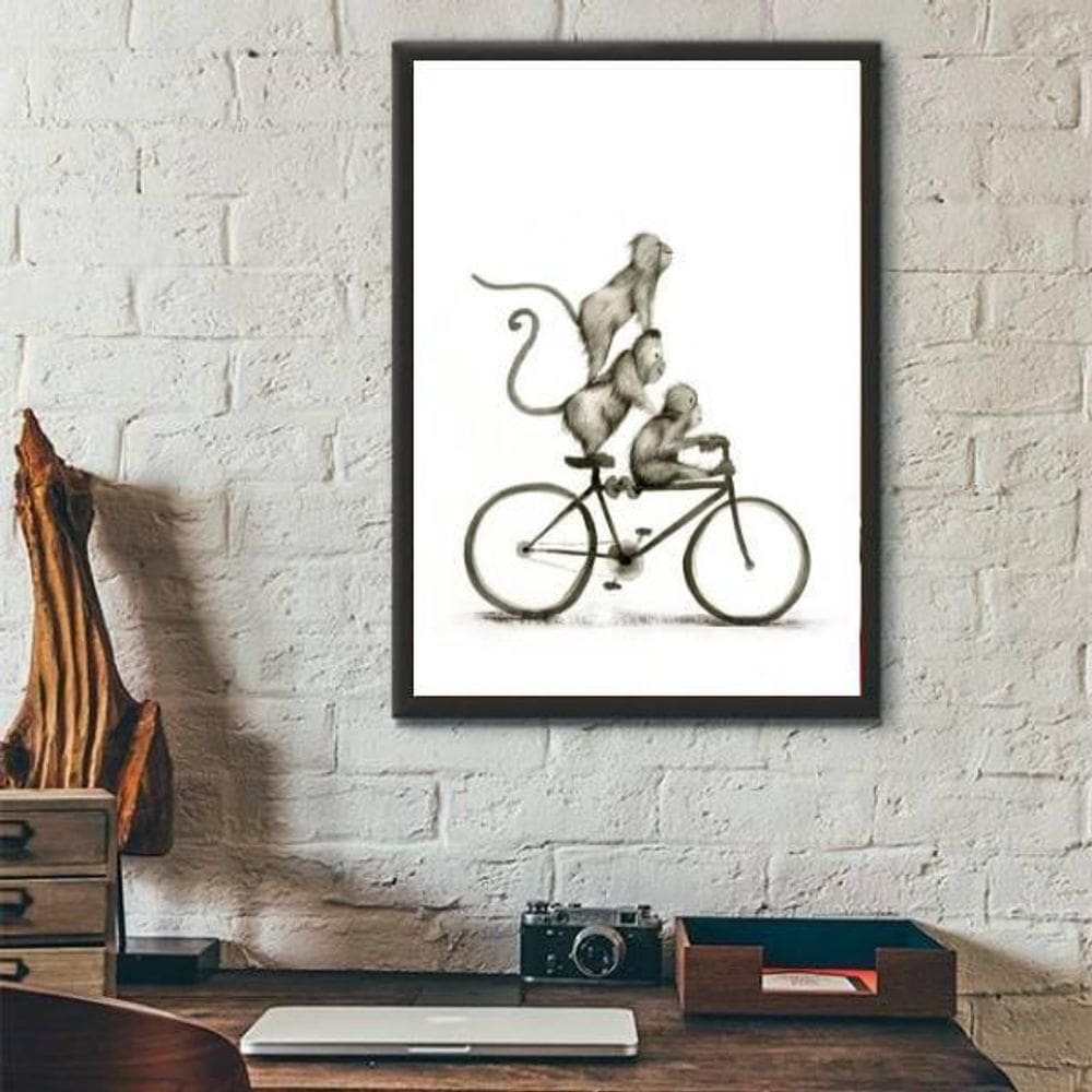 Quadro Macaquinhos Na Bicicleta 24X18Cm Moldura Preta