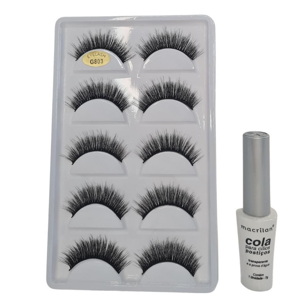 Kit Macrilan Cola Cílios Postiços+Cílios 3D 5 Pares G803