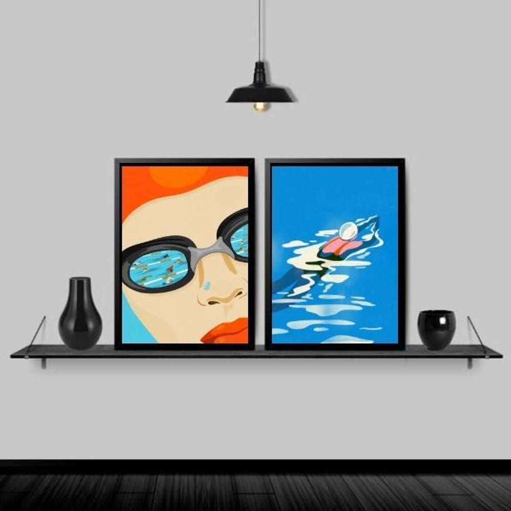 Kit 2 Quadros Decorativos Natação 45X34Cm Preta