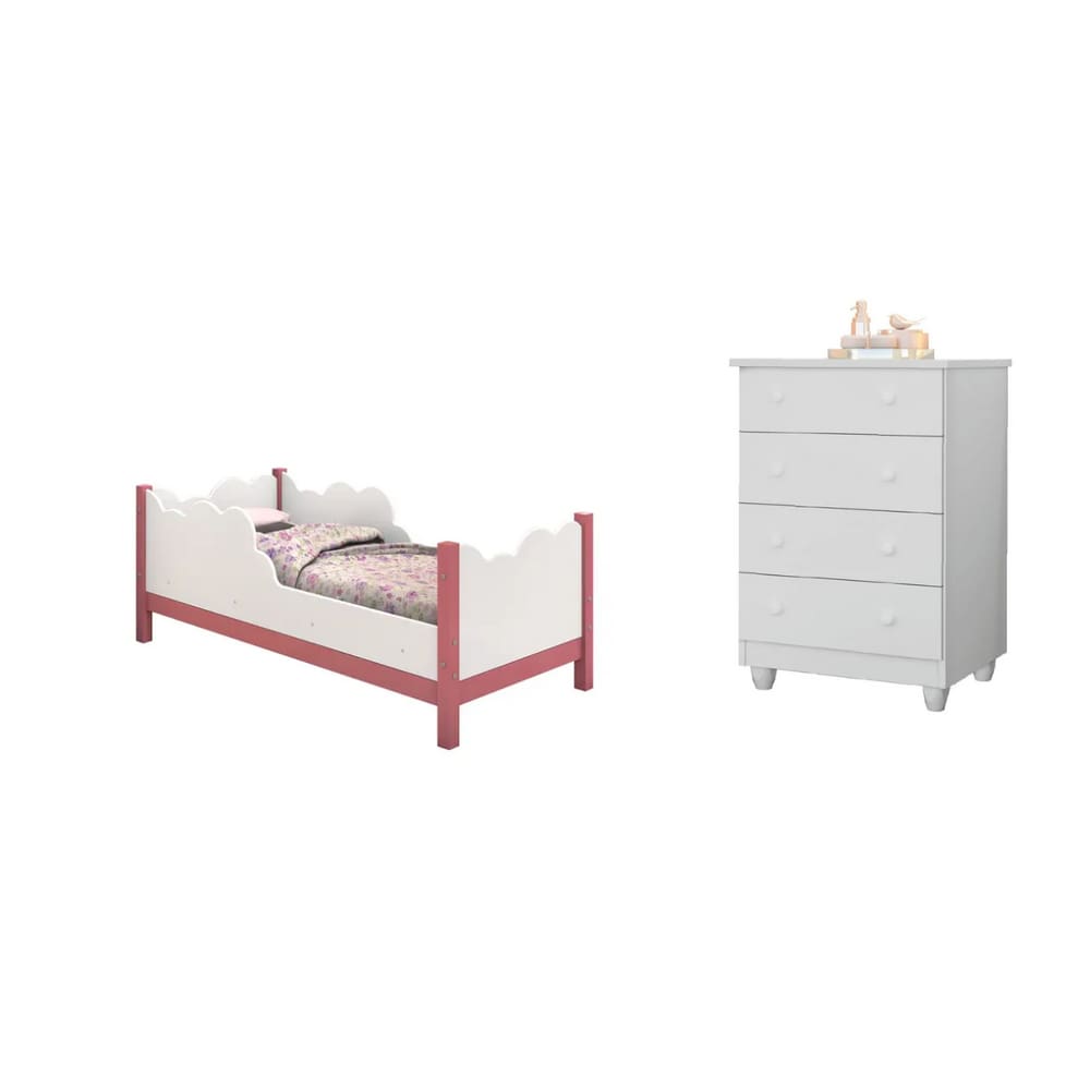 Cama Infantil Juvenil Nuvem Branco/rosa com Comoda Lara Branco