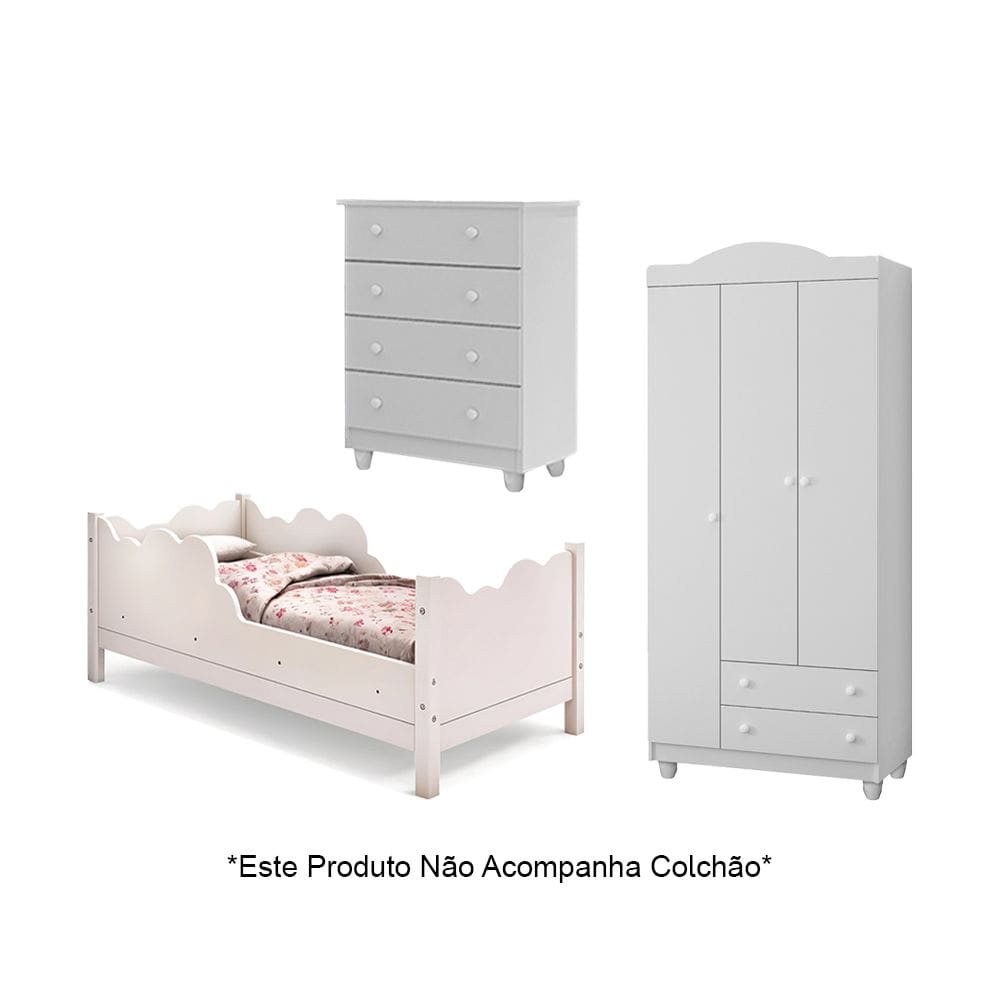 Cama Infantil Juvenil Nuvem Branco com Comoda e Guarda Roupa Lara Branco