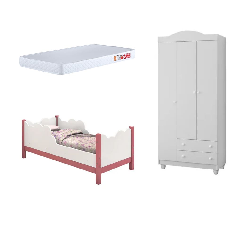 Cama Infantil Juvenil Nuvem Colchão Branco/rosa com Guarda Roupa Lara Branco