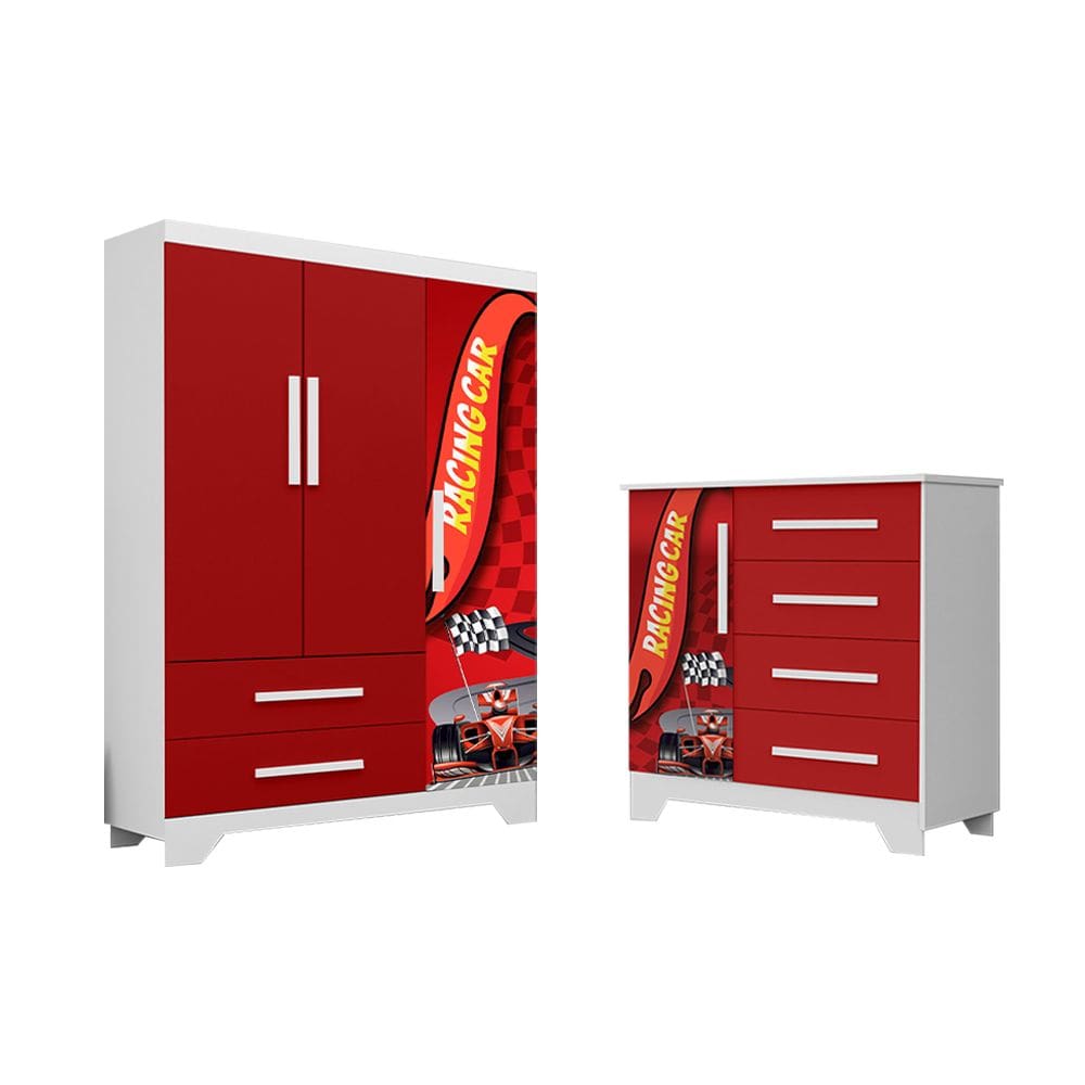 Conjunto Quarto Infantil Carros - Roupeiro e Cômoda Mdf - Vermelho