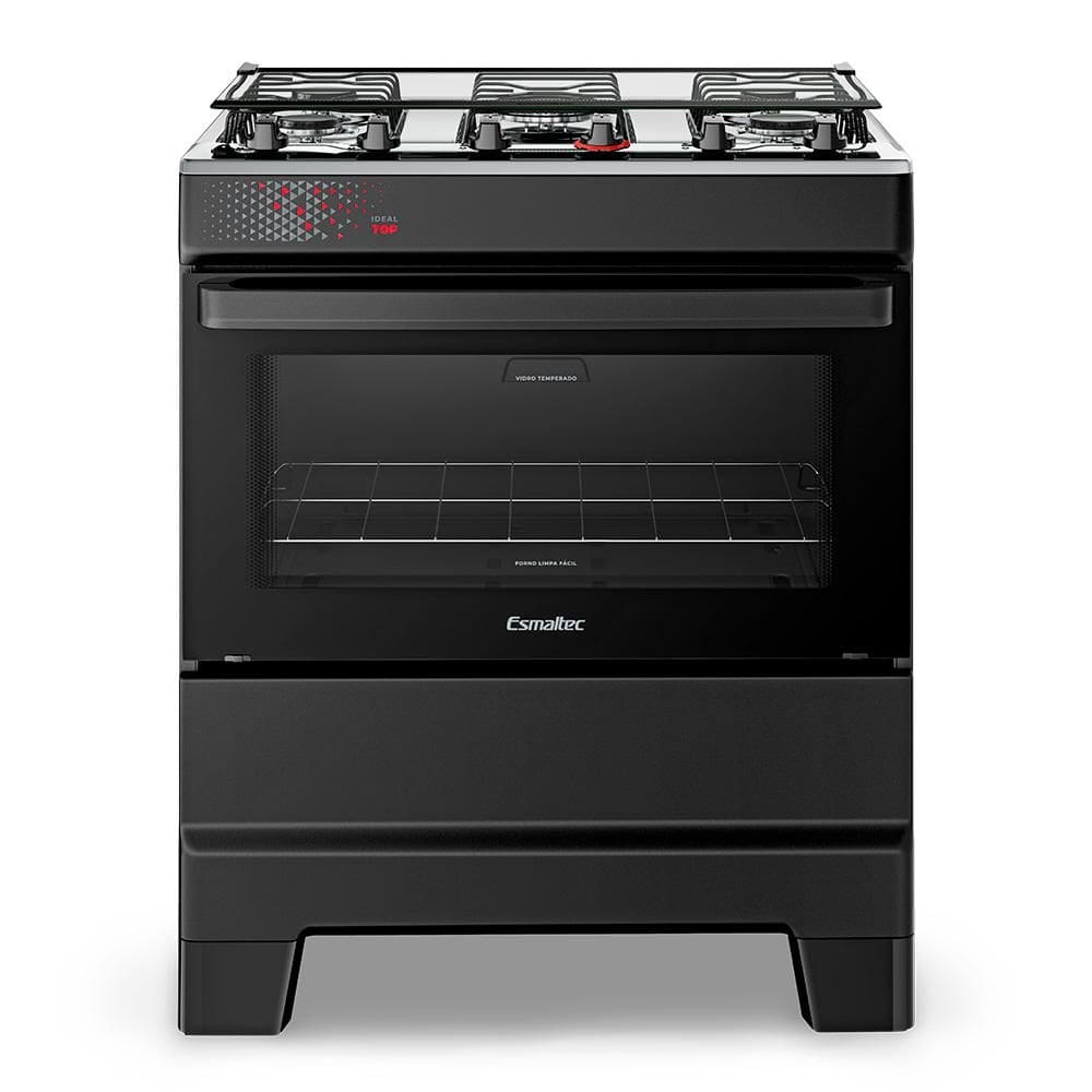 Fogão a Gás Mesa Inox Super Chama Tampa de Vidro Forno 84L Limpa Fácil e Acendimento Automático IDEAL Top T5IAP Cor Preto 5 bocas Bivolt
