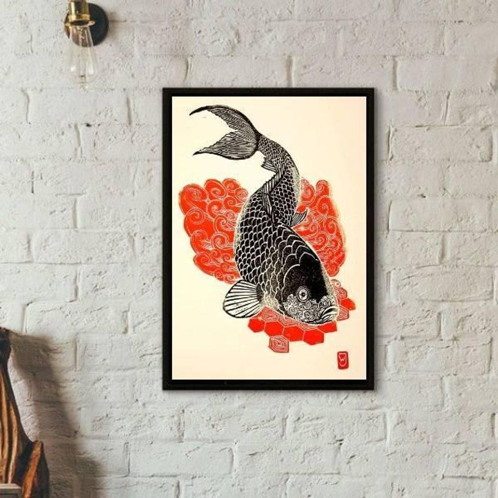 Quadro Decorativo Carpa Japonesa 24X18 Com Vidro - Preta