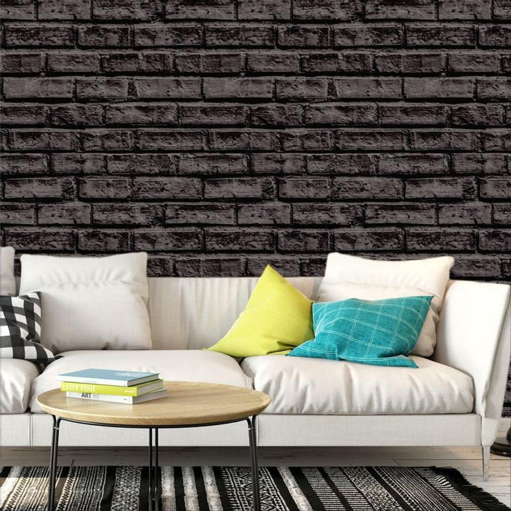 Papel De Parede Pedra Tijolo Preto Auto Colante Lavavel Sala