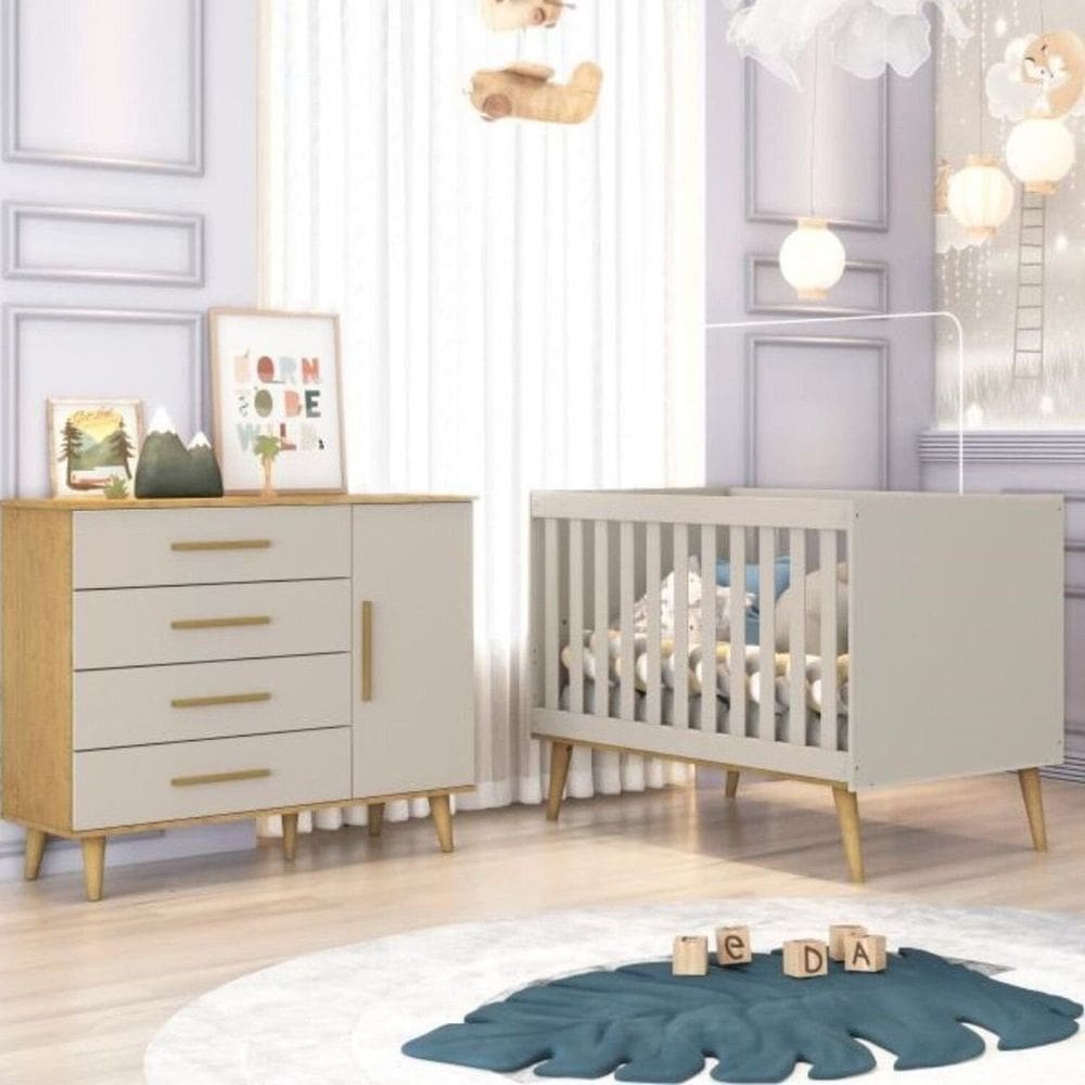 Quarto de Bebê com Cômoda 4 Gavetas 1 Porta e Berço Ludmila Off White/Bétula