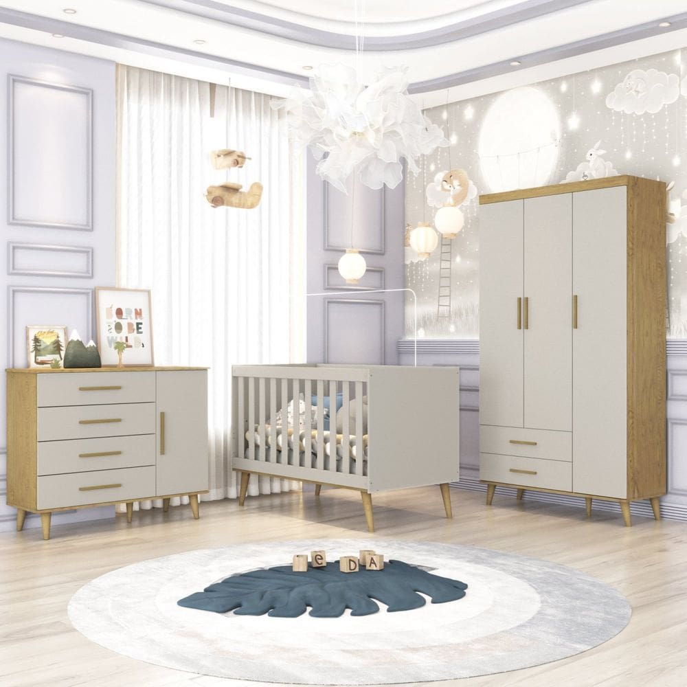 Quarto de Bebê Completo Berço Mini Cama com Guarda Roupa e Cômoda Ludmila Off White/Bétula