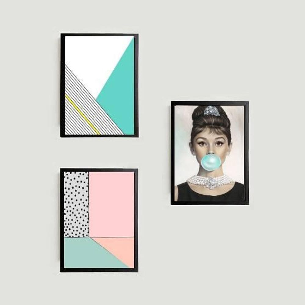 Kit 3 Quadros Abstratos E Audrey Bubble Gum 45X34Cm Preta