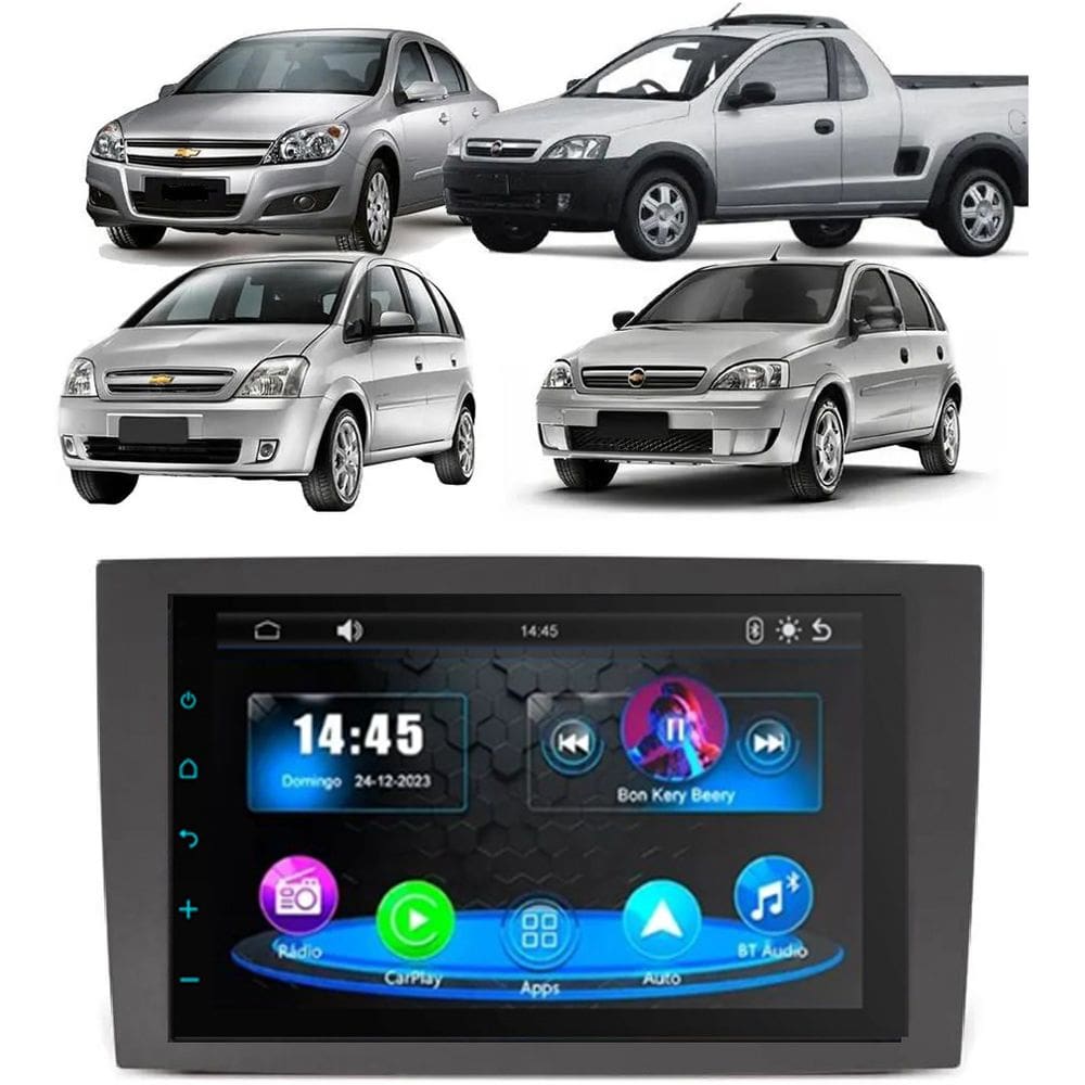 Kit Multimídia Corsa Montana 2002 / 2011 Mold Preta 7 Pol Carplay AndroidAuto USB FM BT - 708BR Roadstar