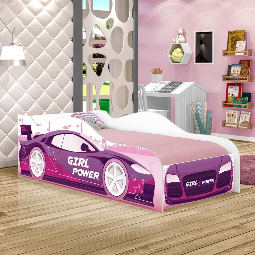 Cama Carro Rosa Kids Solteiro Com Colchão