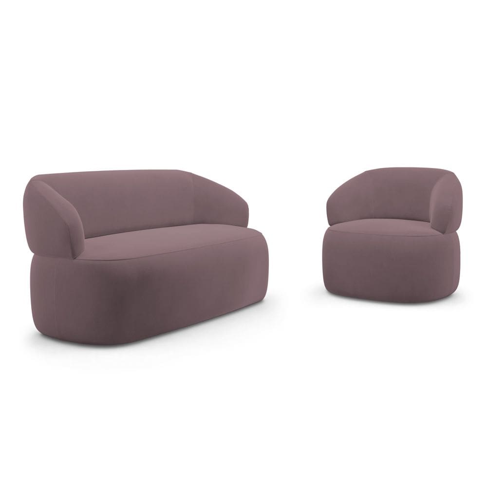 Kit Poltrona Giratória e Sofá Orgânico Living Glee 02 Lugares 140cm Veludo Rosê - Abmaza