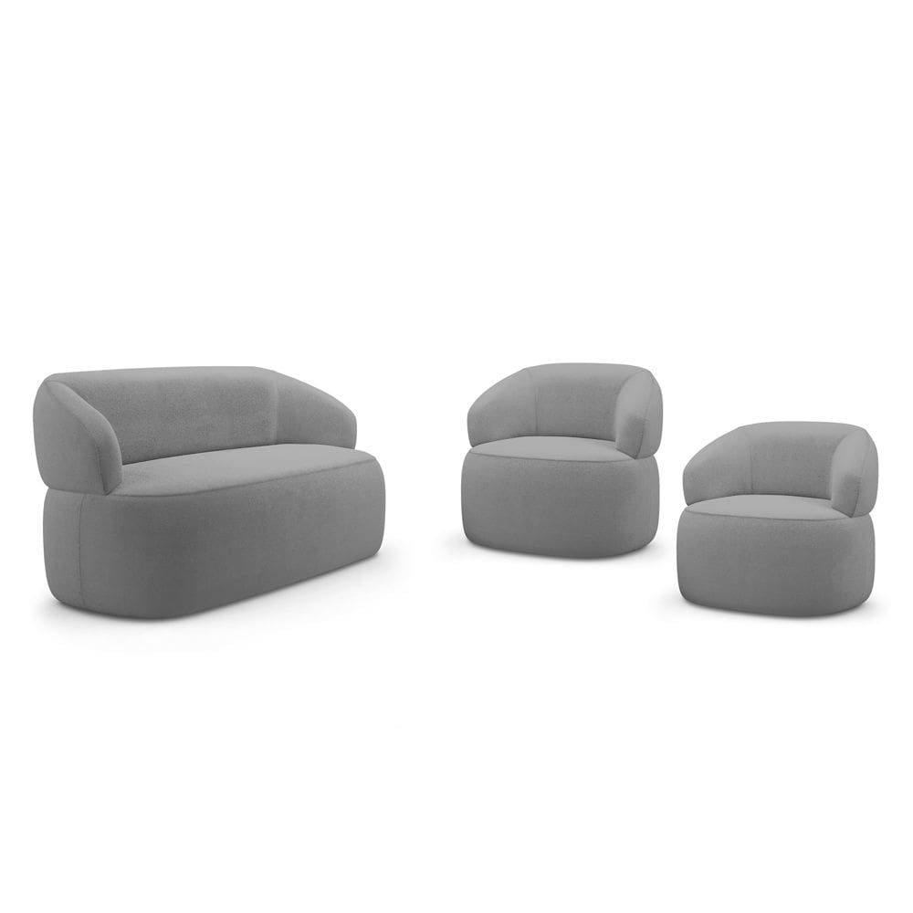 Kit 02 Poltronas Giratória e 01 Sofá Orgânico Glee 03 Lugares 170cm Bouclê Cinza - Abmaza