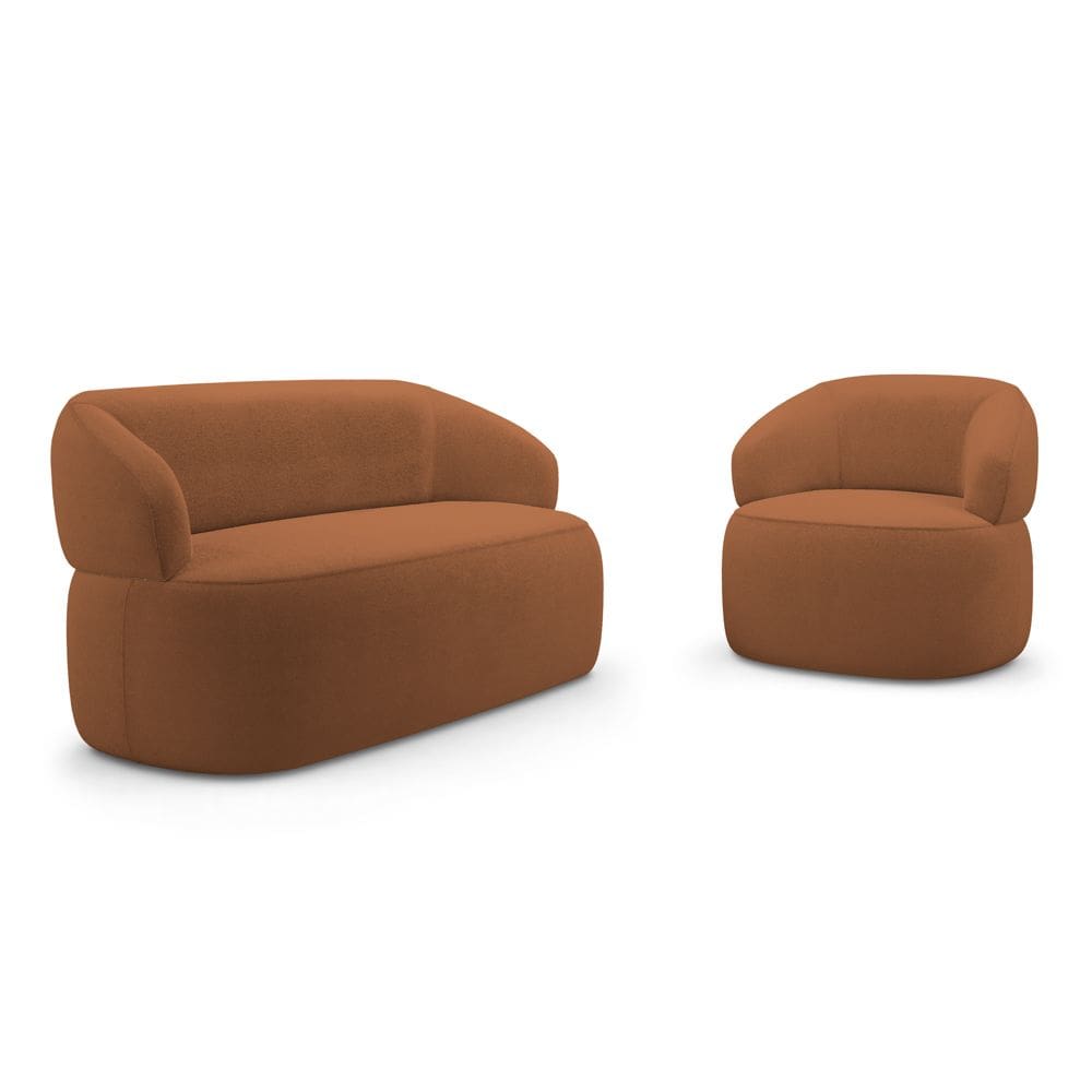 Kit Poltrona Giratória e Sofá Orgânico Living Glee 02 Lugares 140cm Bouclê Terracota - Abmaza