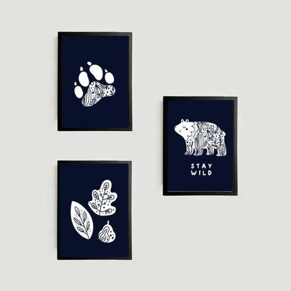 Kit 3 Quadros Urso Escandinavo Stay Wild 24X18Cm Preto