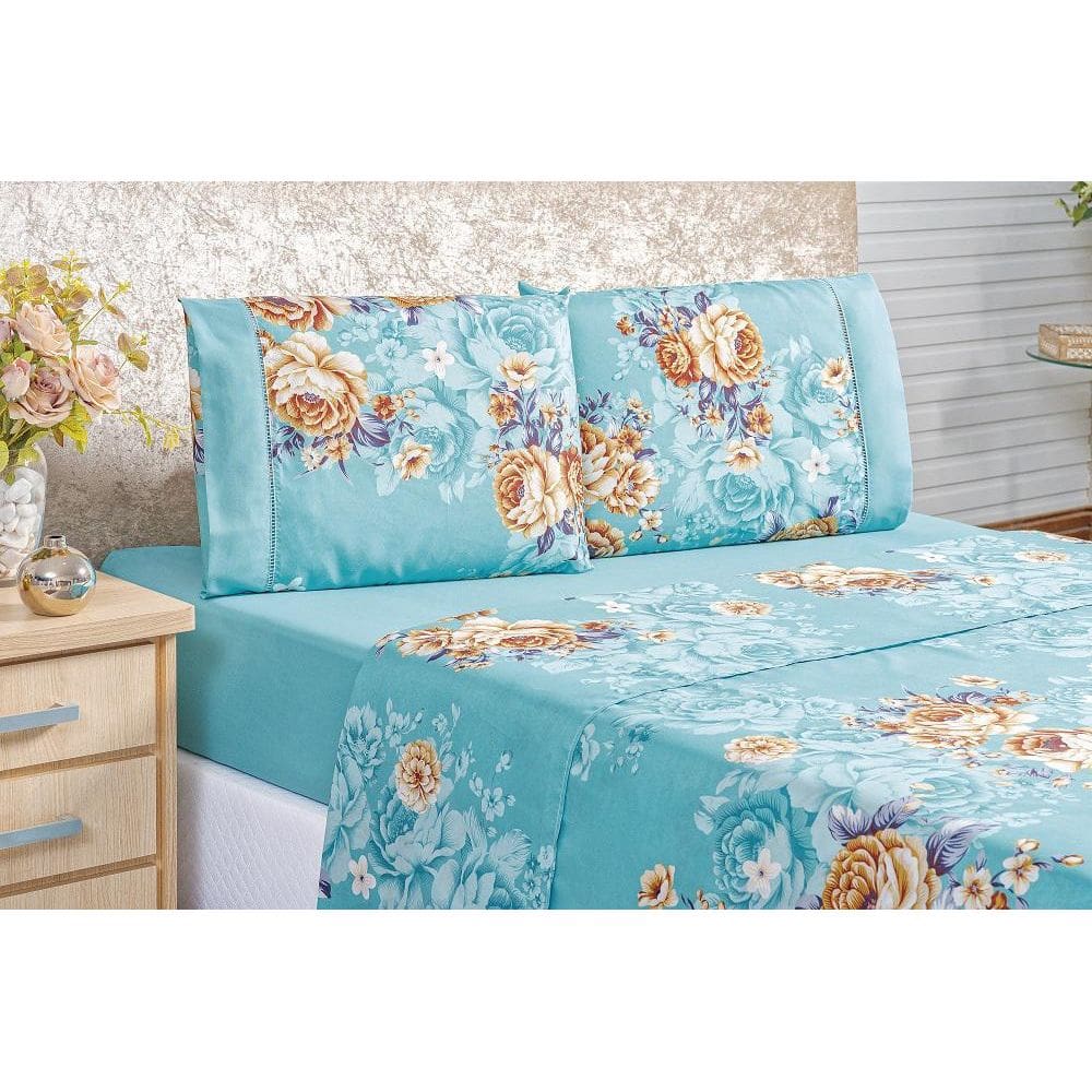 Jogo De Lençol Naturalle Casal 4 Peças 200 Fios Jasmine Azul