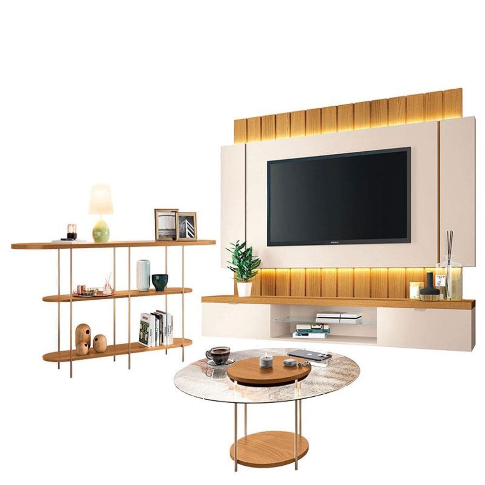 Home Suspenso Illusion 1.8 Cinamomo Off White e Aparador Infinity e Mesa de Centro Sky com Tampo De Vidro Cinamomo- HB Móveis