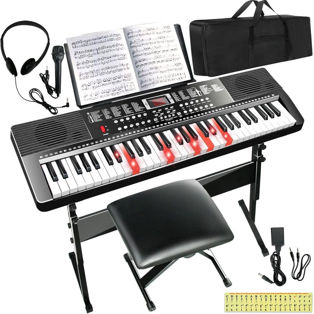 Piano de teclado AQNIEGEP elétrico de 61 teclas para iniciantes com acessórios