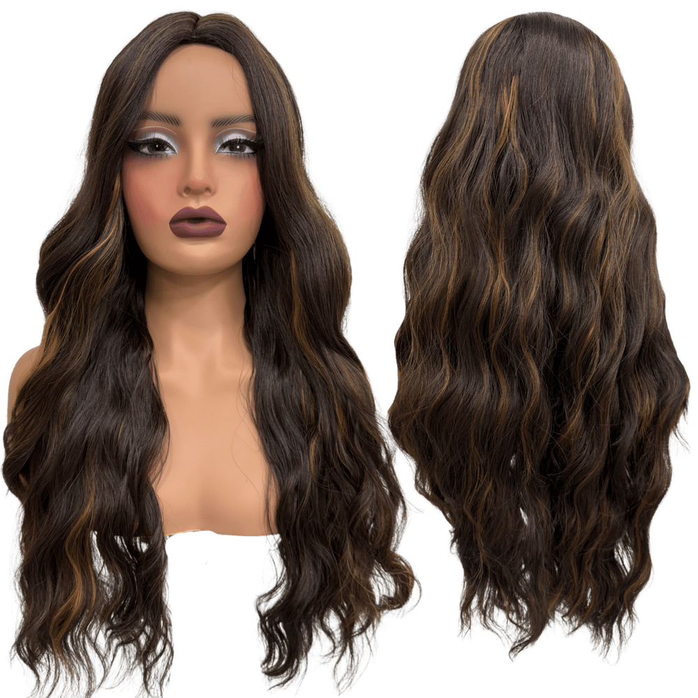 Peruca castanho claro F6/27 com mechas luzes ondulada 65cm